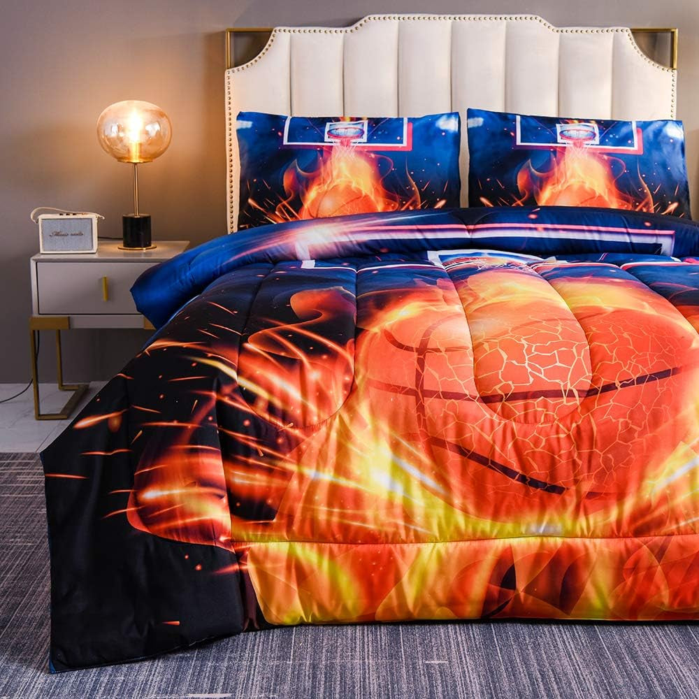 Basketball Fire Court Comforter Sets Full for Boys Teens, Ball Sports Games Print, Basketball Hoop Bedding Home Decor