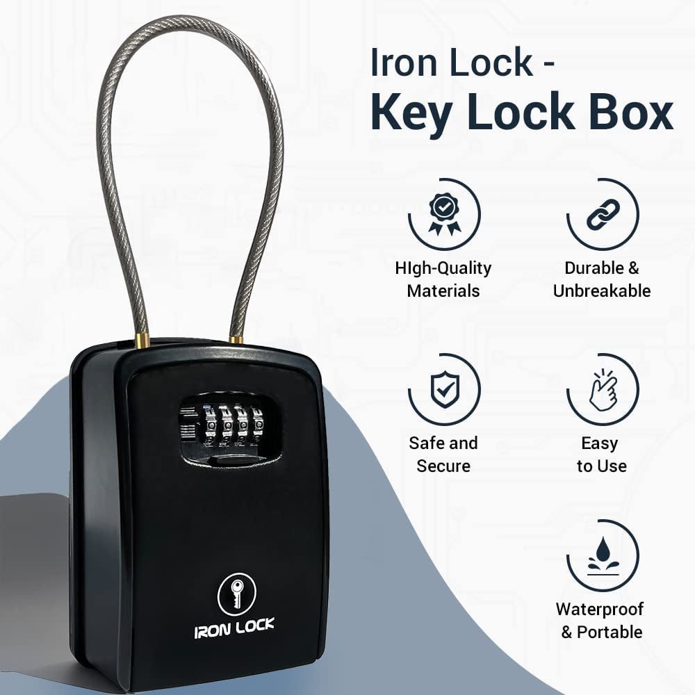 ® XXL Key Lock Box Portable and Wall Mounted with Removable Cable Shackle Waterproof Indoor Outdoor 4 Digit Combo Resettable Code with a B Switch Extra Large Key Lockbox outside Key Cabinets