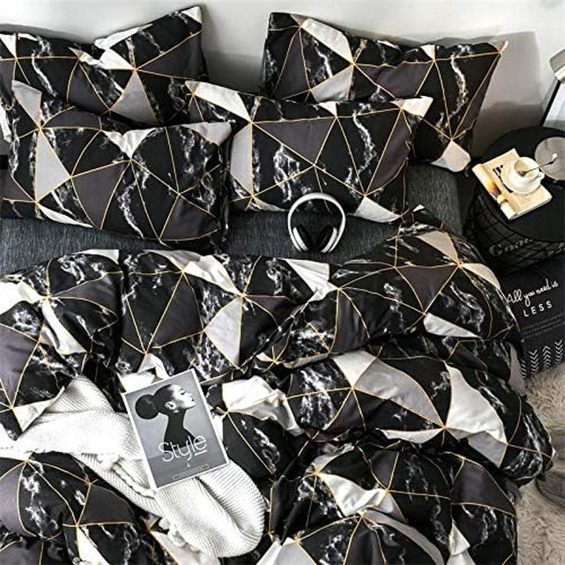Black Marble King Size Comforter Set 3Pcs Triangle Plaid Bedding Comforter Set All Season Geometric Comforter with 2 Pillowcases