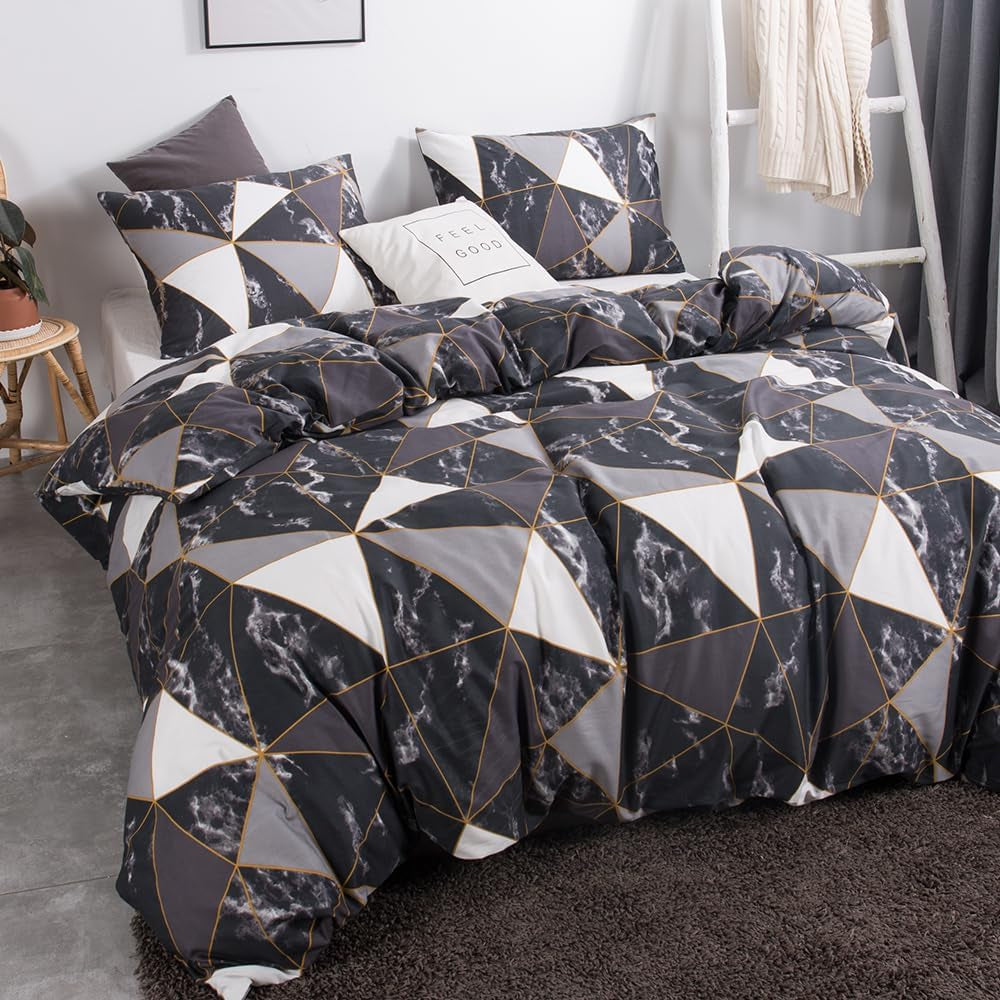 Black Marble King Size Comforter Set 3Pcs Triangle Plaid Bedding Comforter Set All Season Geometric Comforter with 2 Pillowcases
