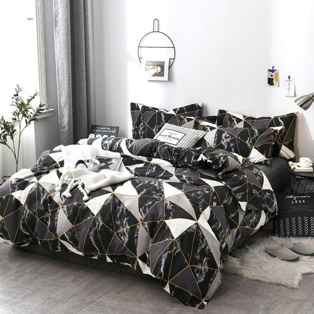 Black Marble King Size Comforter Set 3Pcs Triangle Plaid Bedding Comforter Set All Season Geometric Comforter with 2 Pillowcases