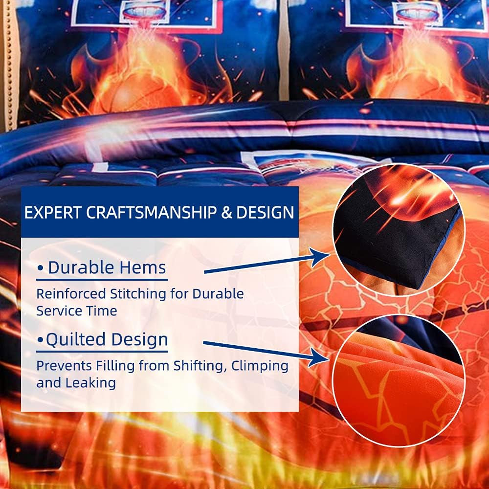 Basketball Fire Court Comforter Sets Twin for Boys Teens,Ball Sports Games Print, Basketball Hoop Bedding Home Decor