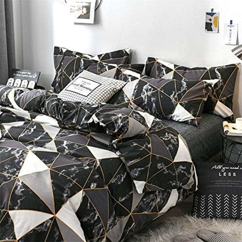 Black Marble King Size Comforter Set 3Pcs Triangle Plaid Bedding Comforter Set All Season Geometric Comforter with 2 Pillowcases