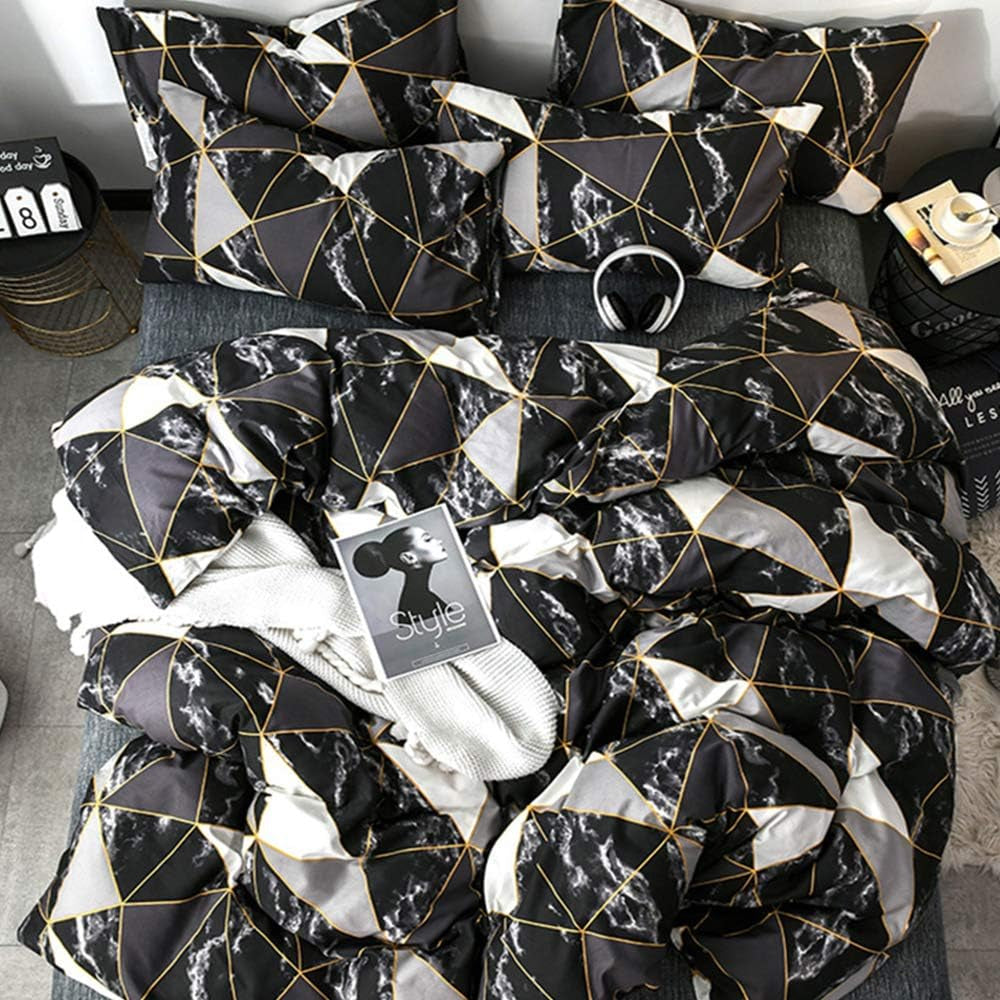 Black Marble King Size Comforter Set 3Pcs Triangle Plaid Bedding Comforter Set All Season Geometric Comforter with 2 Pillowcases