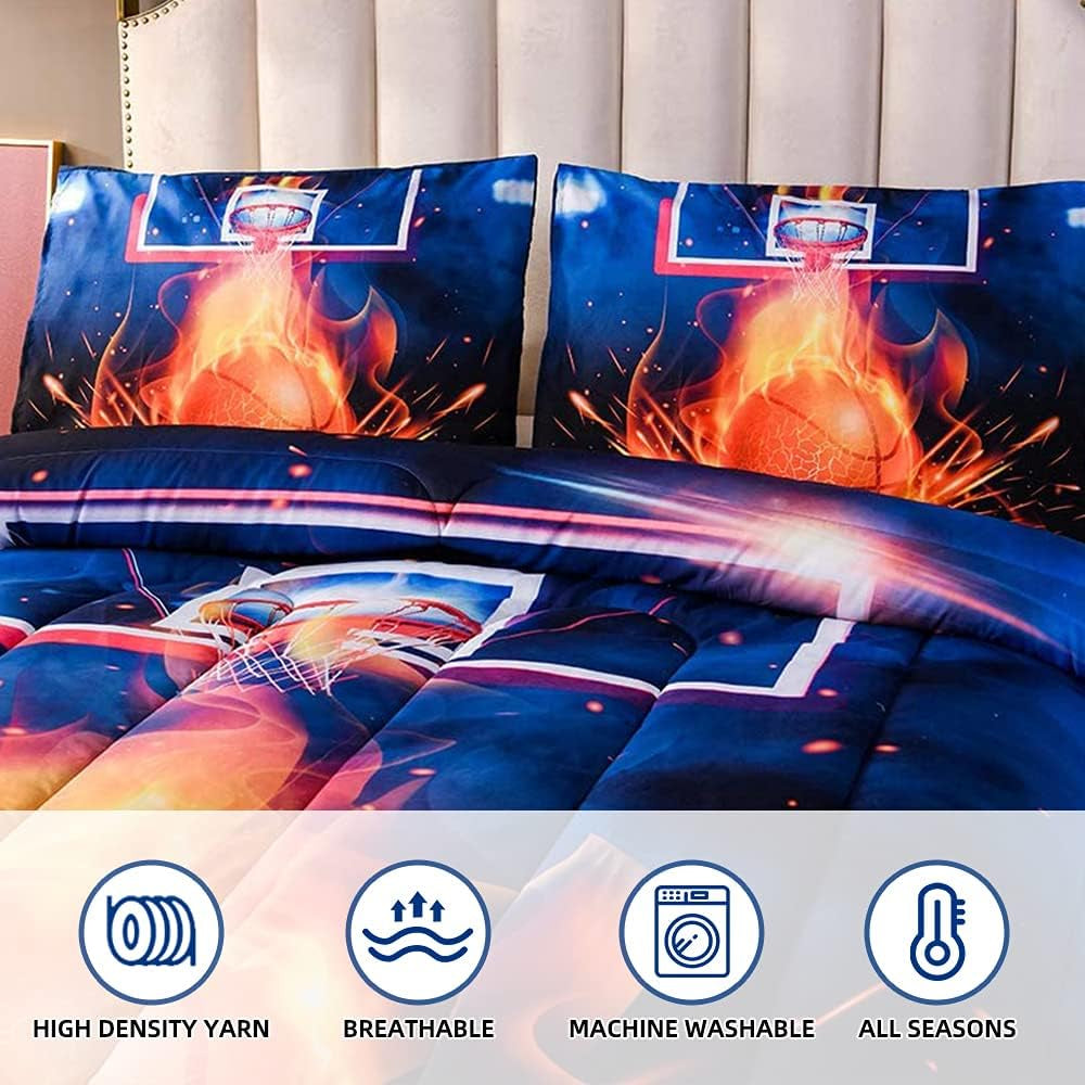 Basketball Fire Court Comforter Sets Full for Boys Teens, Ball Sports Games Print, Basketball Hoop Bedding Home Decor