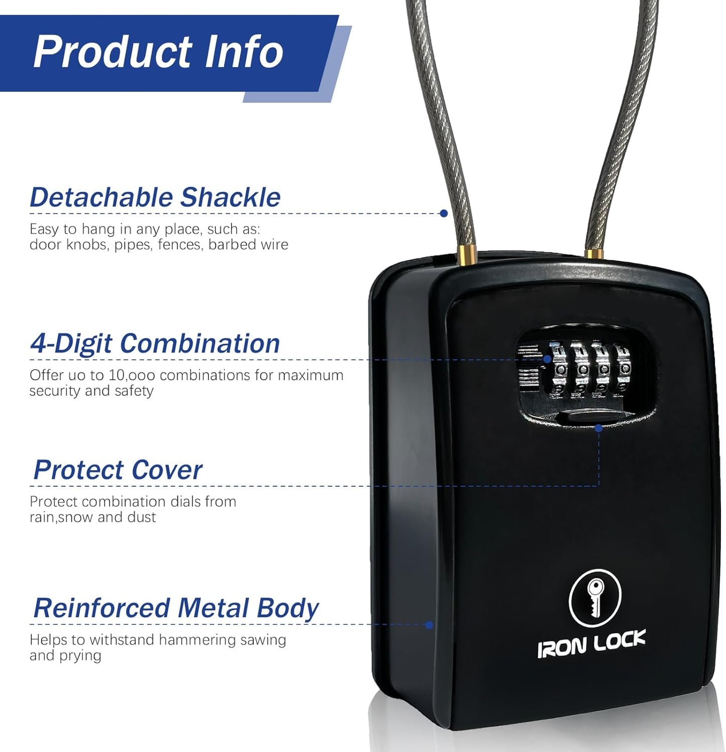 ® XXL Key Lock Box Portable and Wall Mounted with Removable Cable Shackle Waterproof Indoor Outdoor 4 Digit Combo Resettable Code with a B Switch Extra Large Key Lockbox outside Key Cabinets