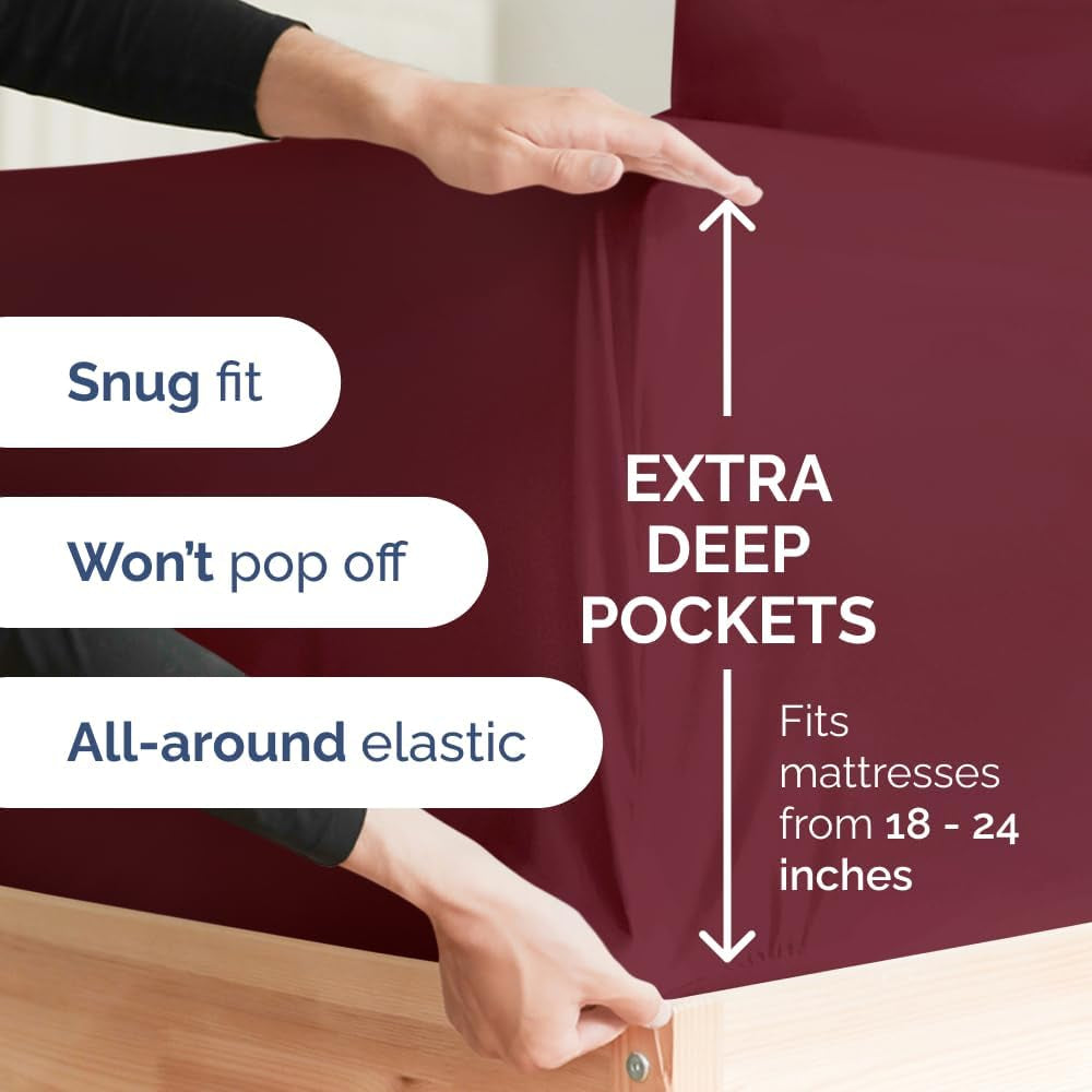 Extra Deep Twin Sheet Set - 4 Piece Breathable & Cooling Sheets - Hotel Luxury Bedding Set W/18-24 Inch Extra Deep Pockets - Easy & Secure Fit - Super Soft, Wrinkle Free & Comfy - Burgundy, Twin Size