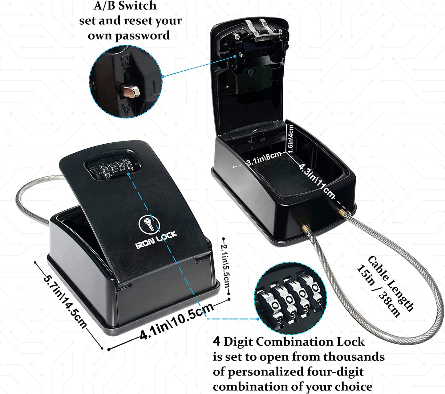 ® XXL Key Lock Box Portable and Wall Mounted with Removable Cable Shackle Waterproof Indoor Outdoor 4 Digit Combo Resettable Code with a B Switch Extra Large Key Lockbox outside Key Cabinets