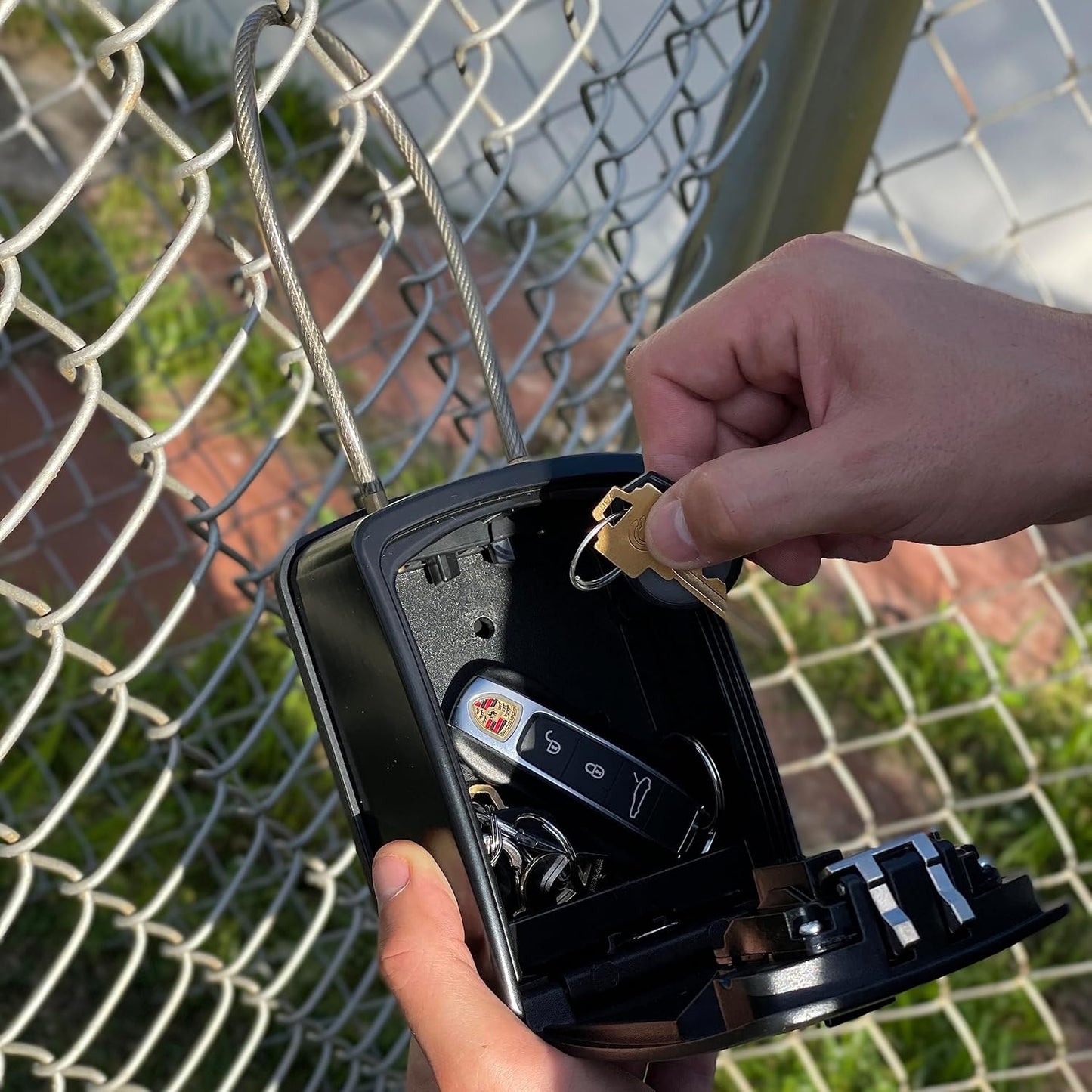 ® XXL Key Lock Box Portable and Wall Mounted with Removable Cable Shackle Waterproof Indoor Outdoor 4 Digit Combo Resettable Code with a B Switch Extra Large Key Lockbox outside Key Cabinets