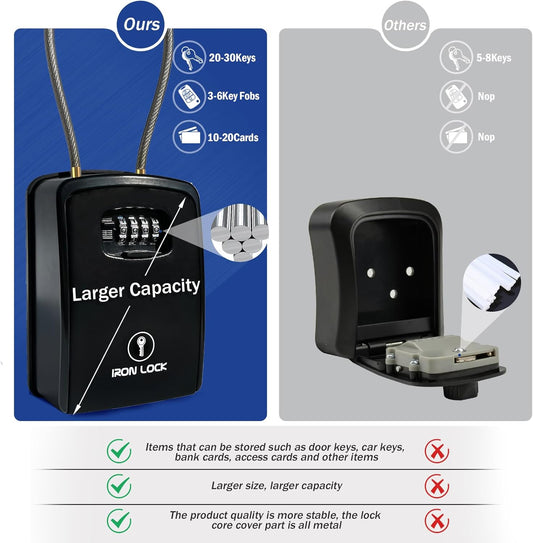 ® XXL Key Lock Box Portable and Wall Mounted with Removable Cable Shackle Waterproof Indoor Outdoor 4 Digit Combo Resettable Code with a B Switch Extra Large Key Lockbox outside Key Cabinets