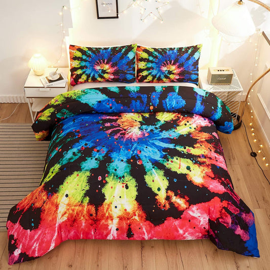 Tie Dye Comforter Sets,Rainbow Tie Dye Watercolor Marble, Hippie Boho Pattern,Decorative 3 Piece Bedding Comforter Sets with 2 Pillow Shams, Twin Size