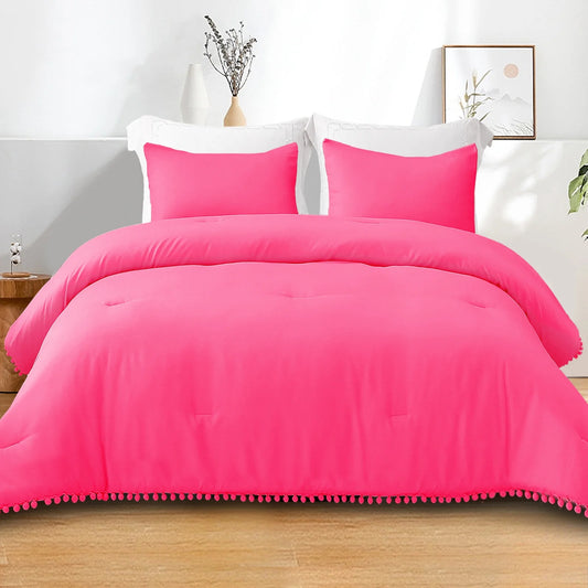 Boho Pom Pom Ball Fringe King Size Comforter Set, 3 Pieces Hot Pink Lightweight down Alternative Bedding Comforter Sets for All Seasons (1 Comforter and 2 Pillowcases)