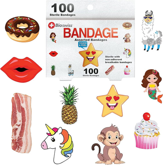 Bandages, Assorted Animal, Fun, and Food Shaped Self Adhesive Bandage, Latex Free Sterile Wound Care, 100 Count