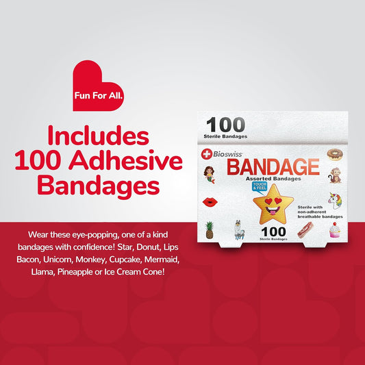 Bandages, Assorted Animal, Fun, and Food Shaped Self Adhesive Bandage, Latex Free Sterile Wound Care, 100 Count