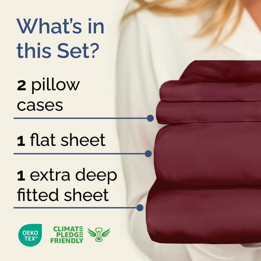Extra Deep Twin Sheet Set - 4 Piece Breathable & Cooling Sheets - Hotel Luxury Bedding Set W/18-24 Inch Extra Deep Pockets - Easy & Secure Fit - Super Soft, Wrinkle Free & Comfy - Burgundy, Twin Size