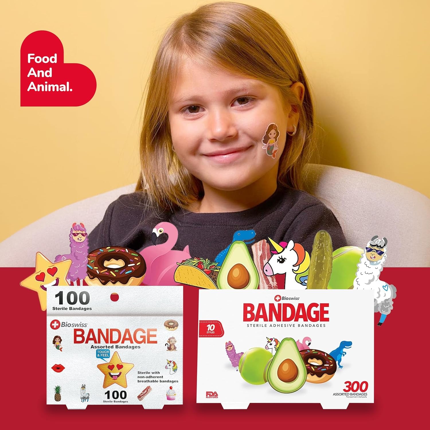 Bandages, Assorted Animal, Fun, and Food Shaped Self Adhesive Bandage, Latex Free Sterile Wound Care, 100 Count