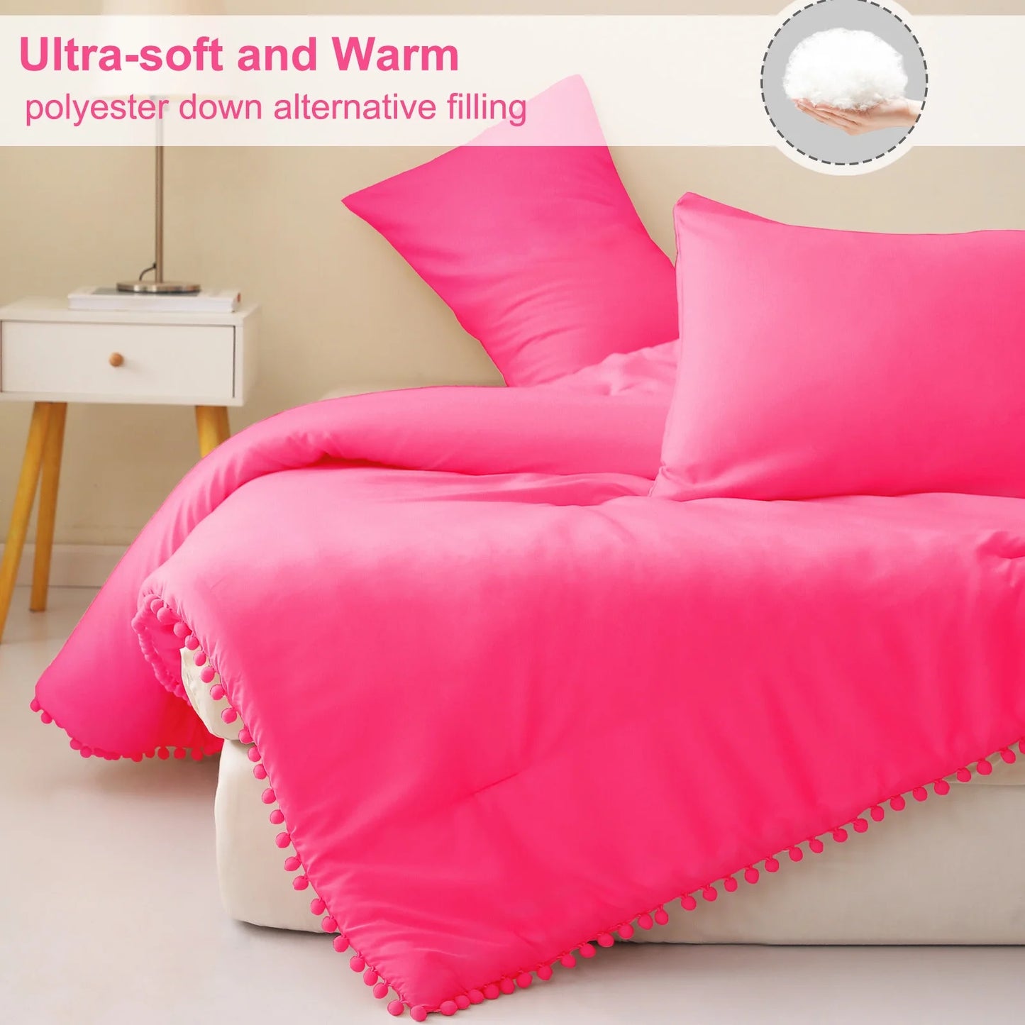 Boho Pom Pom Ball Fringe King Size Comforter Set, 3 Pieces Hot Pink Lightweight down Alternative Bedding Comforter Sets for All Seasons (1 Comforter and 2 Pillowcases)