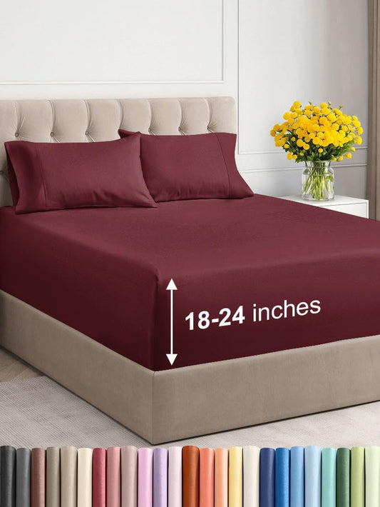 Extra Deep Twin Sheet Set - 4 Piece Breathable & Cooling Sheets - Hotel Luxury Bedding Set W/18-24 Inch Extra Deep Pockets - Easy & Secure Fit - Super Soft, Wrinkle Free & Comfy - Burgundy, Twin Size