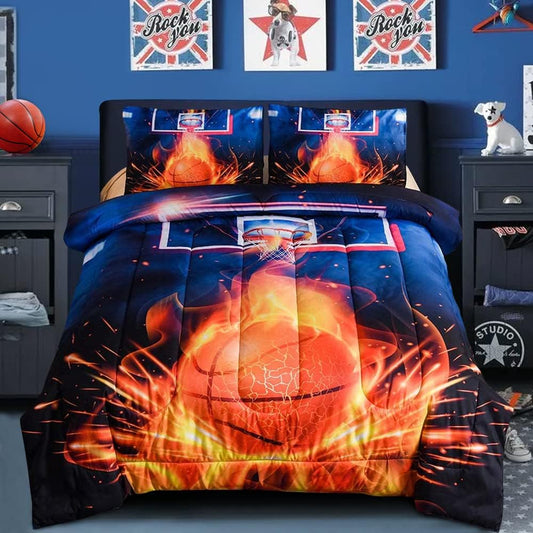 Basketball Fire Court Comforter Sets Full for Boys Teens, Ball Sports Games Print, Basketball Hoop Bedding Home Decor