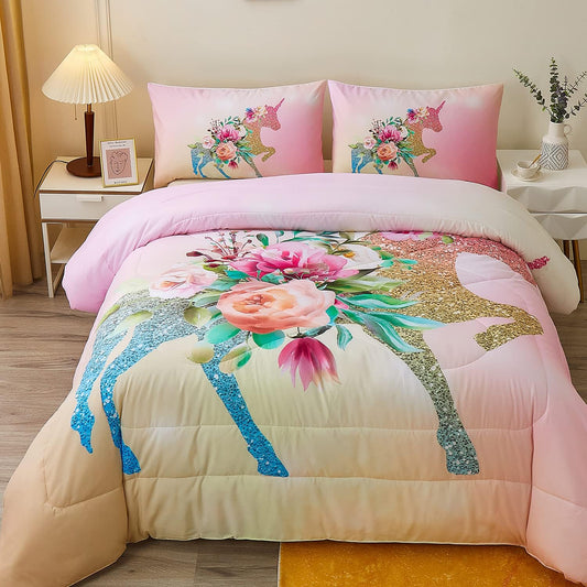 Floral Unicorn Bedding Comforter Sets Girls Unicorn Pink Roses Comforter 3 Pieces Green Fantasy Glittery Horse Comforter Sets for Teens and Girls,Queen Size