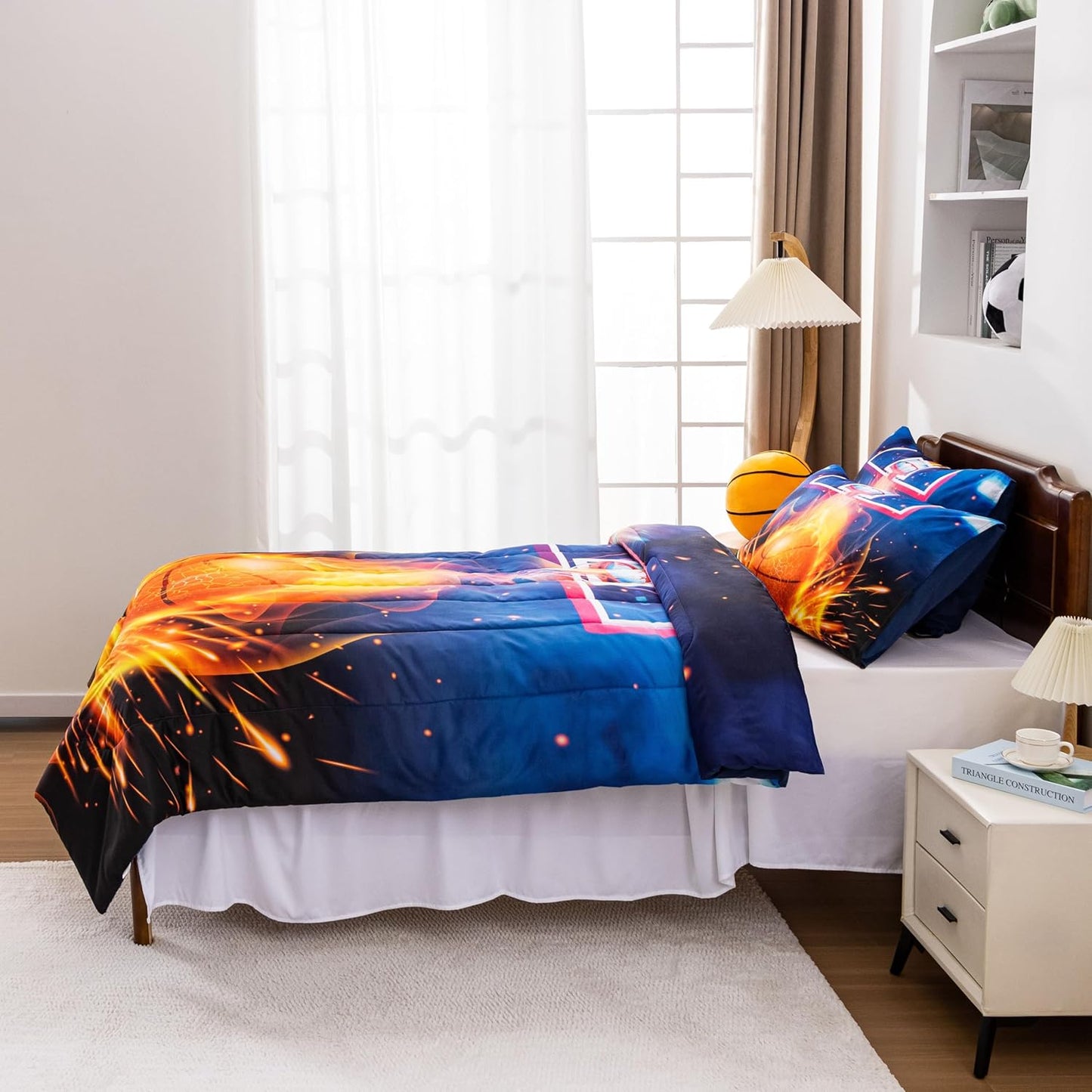 Basketball Fire Court Comforter Sets Twin for Boys Teens,Ball Sports Games Print, Basketball Hoop Bedding Home Decor