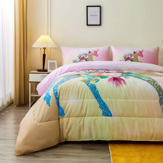 Floral Unicorn Bedding Comforter Sets Girls Unicorn Pink Roses Comforter 3 Pieces Green Fantasy Glittery Horse Comforter Sets for Teens and Girls,Queen Size