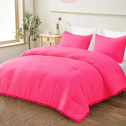 Boho Pom Pom Ball Fringe King Size Comforter Set, 3 Pieces Hot Pink Lightweight down Alternative Bedding Comforter Sets for All Seasons (1 Comforter and 2 Pillowcases)