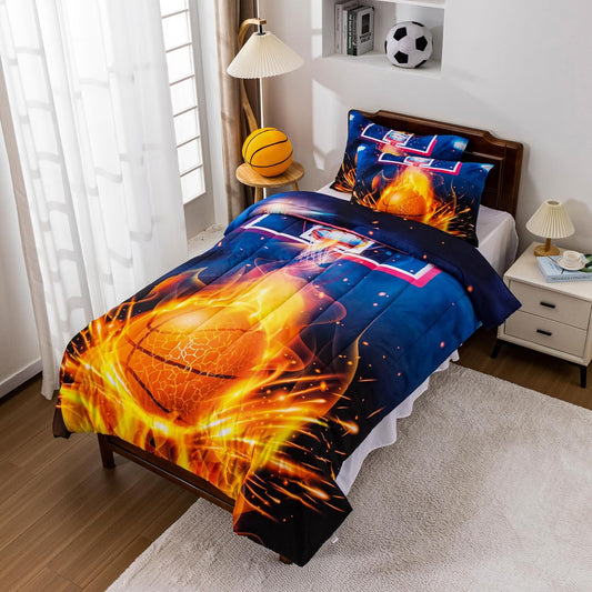 Basketball Fire Court Comforter Sets Twin for Boys Teens,Ball Sports Games Print, Basketball Hoop Bedding Home Decor