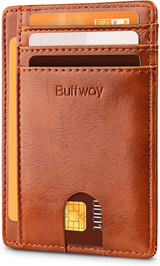 Slim Minimalist Front Pocket RFID Blocking Leather Wallets for Men and Women - Alaska Brown