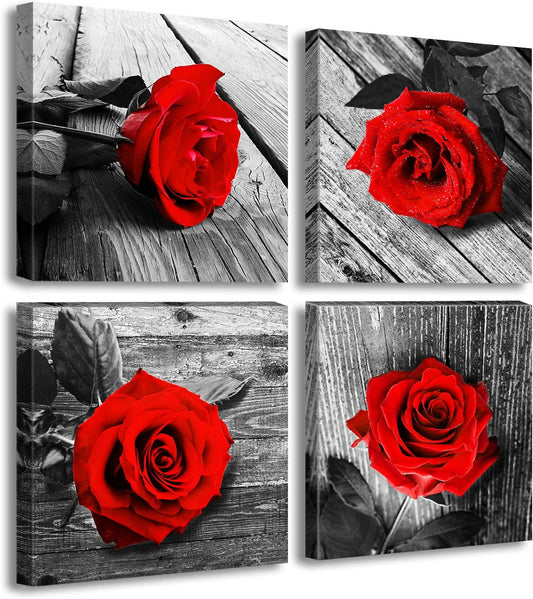 Red Rose Bedroom Wall Decor Black and White Wall Art Modern Flowers Pictures for Couples Bedroom Wall Decor Romantic Paintings for Wall Decorations Red Canvas Kitchen Decor and Accessories