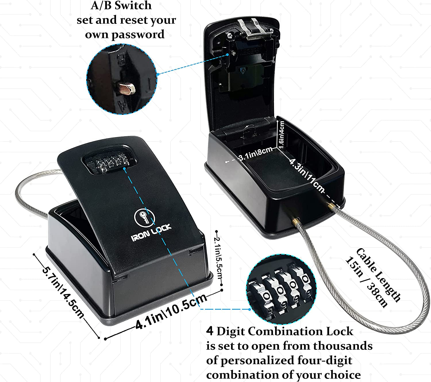 ® XXL Key Lock Box Portable and Wall Mounted with Removable Cable Shackle Waterproof Indoor Outdoor 4 Digit Combo Resettable Code with a B Switch Extra Large Key Lockbox outside Key Cabinets