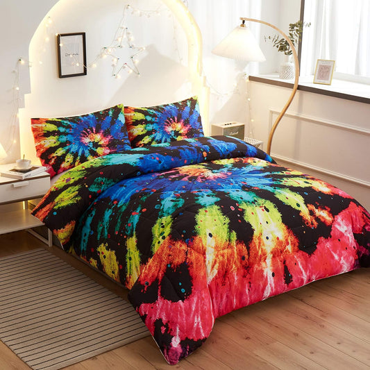 Tie Dye Comforter Sets,Rainbow Tie Dye Watercolor Marble, Hippie Boho Pattern,Decorative 3 Piece Bedding Comforter Sets with 2 Pillow Shams, Twin Size