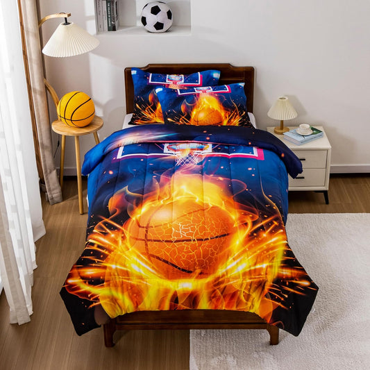 Basketball Fire Court Comforter Sets Twin for Boys Teens,Ball Sports Games Print, Basketball Hoop Bedding Home Decor