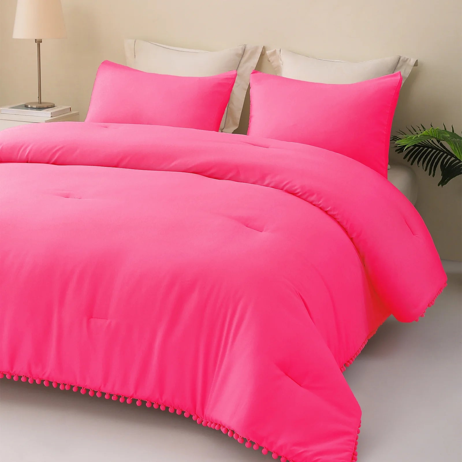 Boho Pom Pom Ball Fringe King Size Comforter Set, 3 Pieces Hot Pink Lightweight down Alternative Bedding Comforter Sets for All Seasons (1 Comforter and 2 Pillowcases)