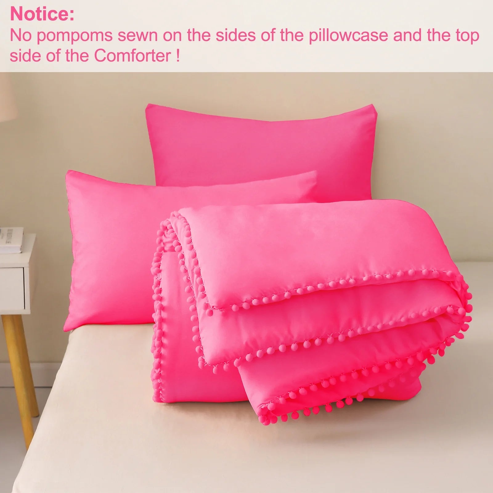 Boho Pom Pom Ball Fringe King Size Comforter Set, 3 Pieces Hot Pink Lightweight down Alternative Bedding Comforter Sets for All Seasons (1 Comforter and 2 Pillowcases)