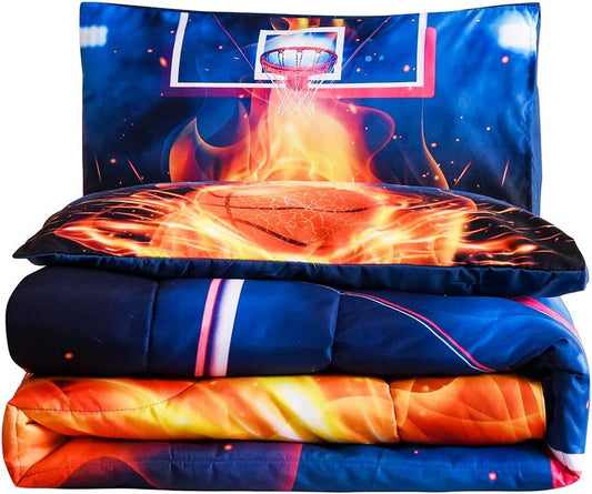 Basketball Fire Court Comforter Sets Full for Boys Teens, Ball Sports Games Print, Basketball Hoop Bedding Home Decor