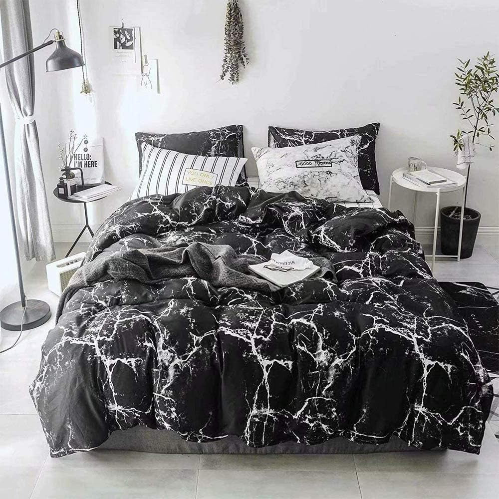 Black Grey White King Size Comforter Set 3Pcs Marble Bedding Comforter Sets All Season Black White Comforter Abstract Comforter with 2 X Pillow Cases